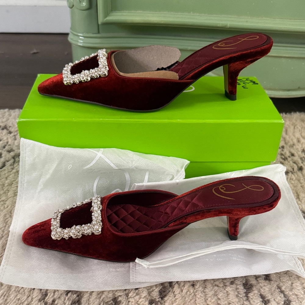 Sam Edelman Red Velvet Heels with Crystal Detail